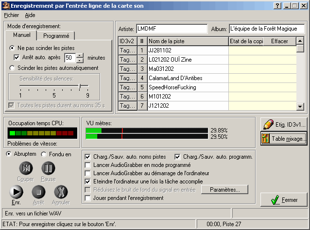 Panneau d'enregistrement d'Audiograbber